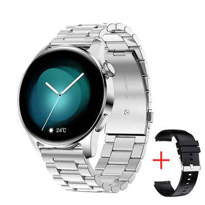 TPFNet SW21 Edelstahl Armband + Silikon Armband - individuelles Display Smartwatch (Android), Armbanduhr mit Musiksteuerung, Herzfrequenz, Schrittzähler, Kalorien, Social Media etc. - Silber