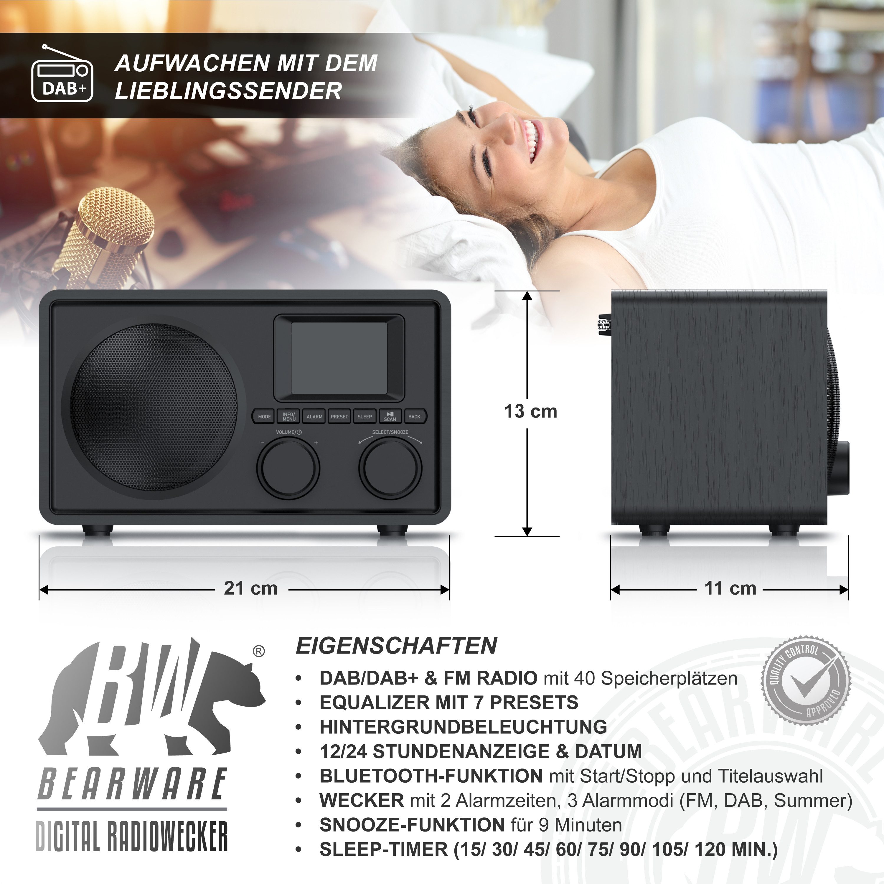 BEARWARE Radio mit TFT Display, Küchenradio digital, UKW FM, Wecker, Bluetooth Digitalradio (DAB) (Digitalradio (DAB), UKW (FM), Automatischer & manueller Suchlauf, Equalizer, DAB, USB, AUX, 2 Alarme)