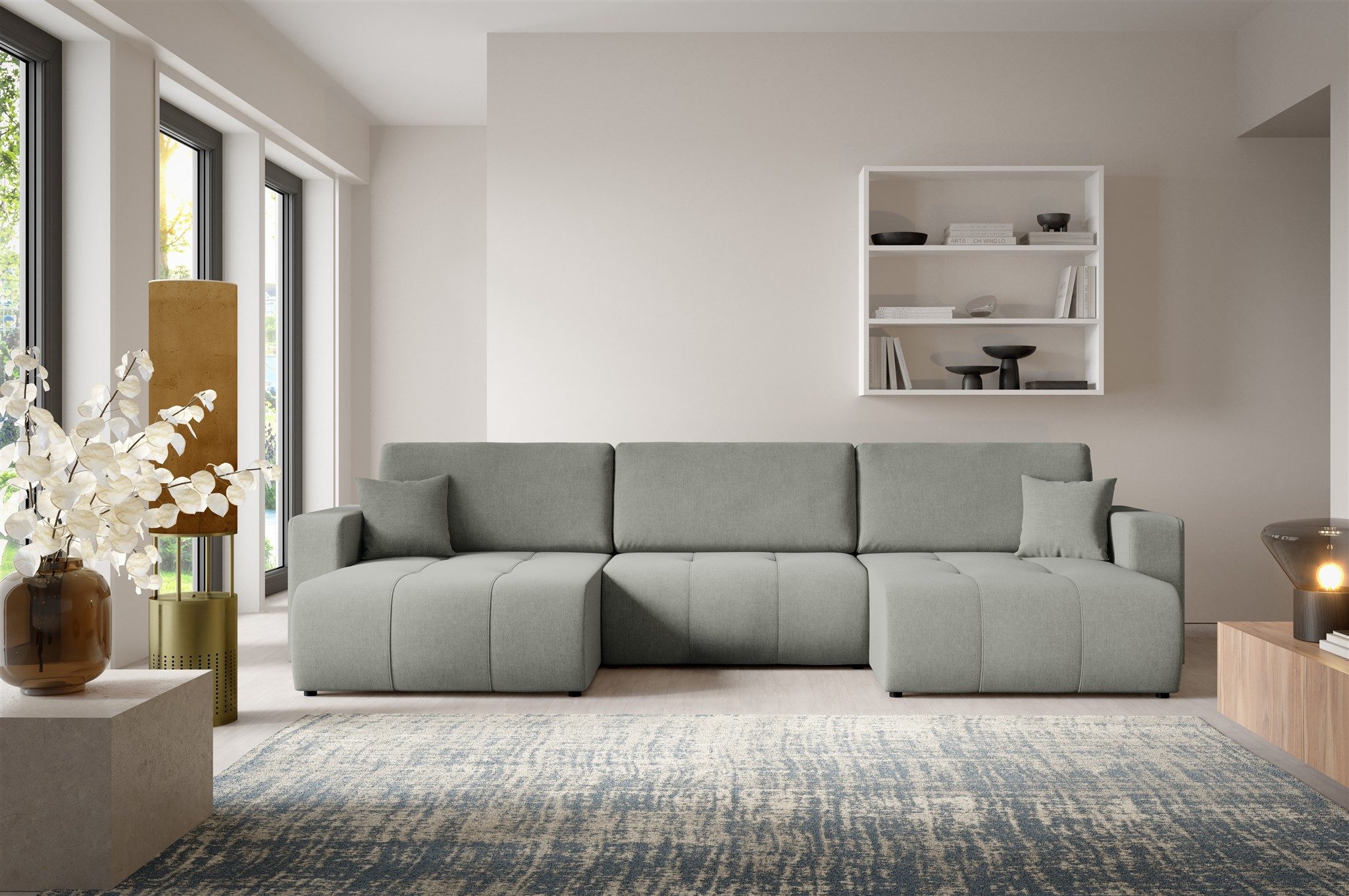 Fun Möbel Wohnlandschaft Sofa mit Schlaffunktion AUGUSTO Velourstoff Wind, mit Bettkasten und Schlaffunktion, inkl. 3 Rückenkissen und 2 Zierkissen