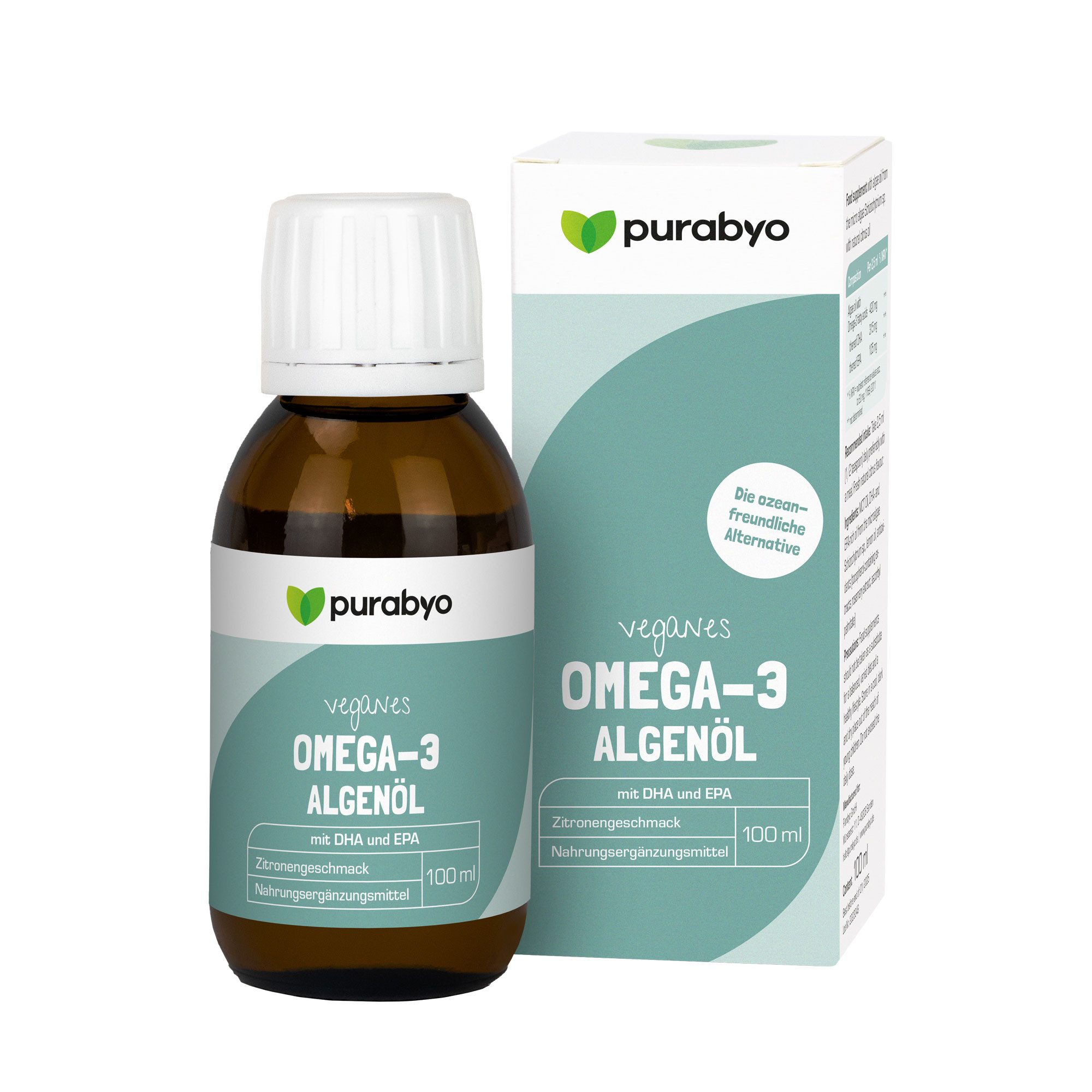 Purabyo Omega-3 Algenöl flüssig, 420 mg Omega -3, natürliches Zitronen-Aroma Flüssigkeit zum Einnehmen, 100 ml