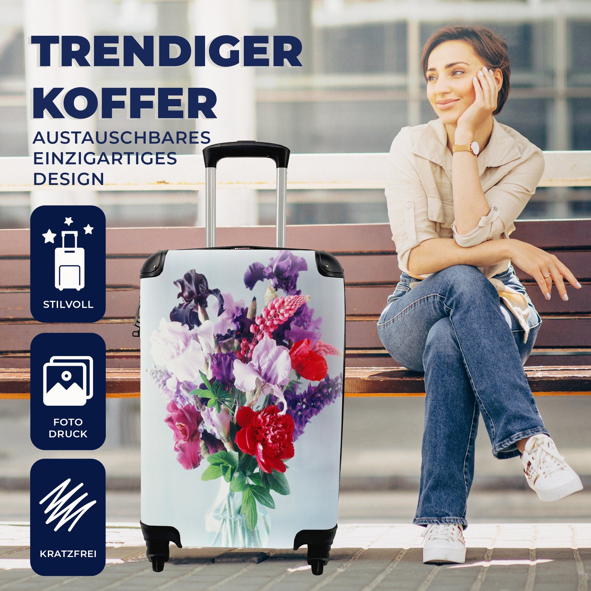 Rollen, MuchoWow rollen, Handgepäck Trolley, - Blumen Handgepäckkoffer - 4 für Reisekoffer Farben mit Reisetasche Vase, Ferien,