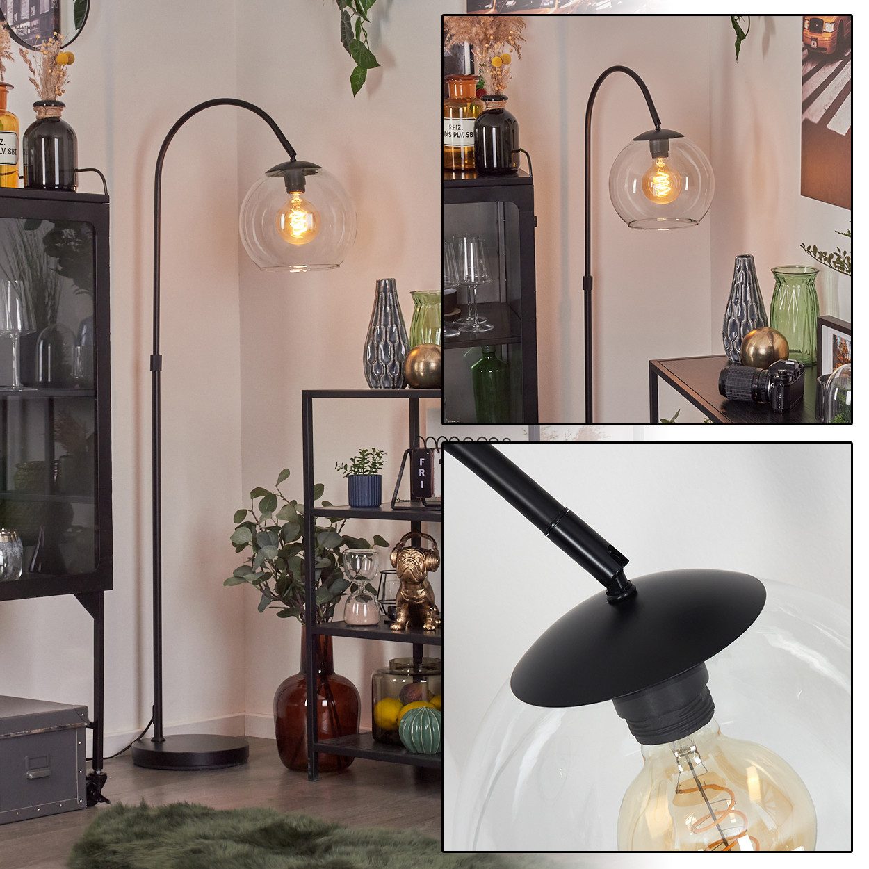 hofstein Bogenlampe Stehlampe aus Metall/Glas in Schwarz/Klar, ohne Leuchtmittel, moderne Retro Leuchte mit Glasschirmen (25 cm) u. Fußschalter, 1xE27