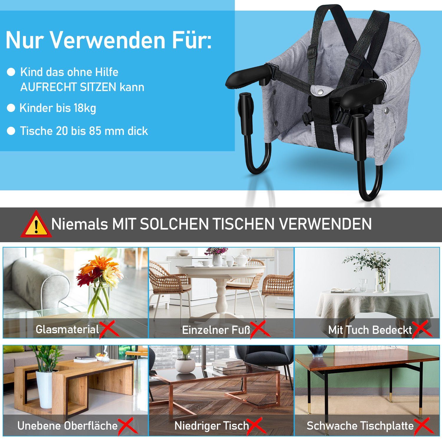 Hochstuhl Portable Tischsitz Faltbarer Tischsitz TolleTour Sitzerhöhung Babysitz Stuhlsitz