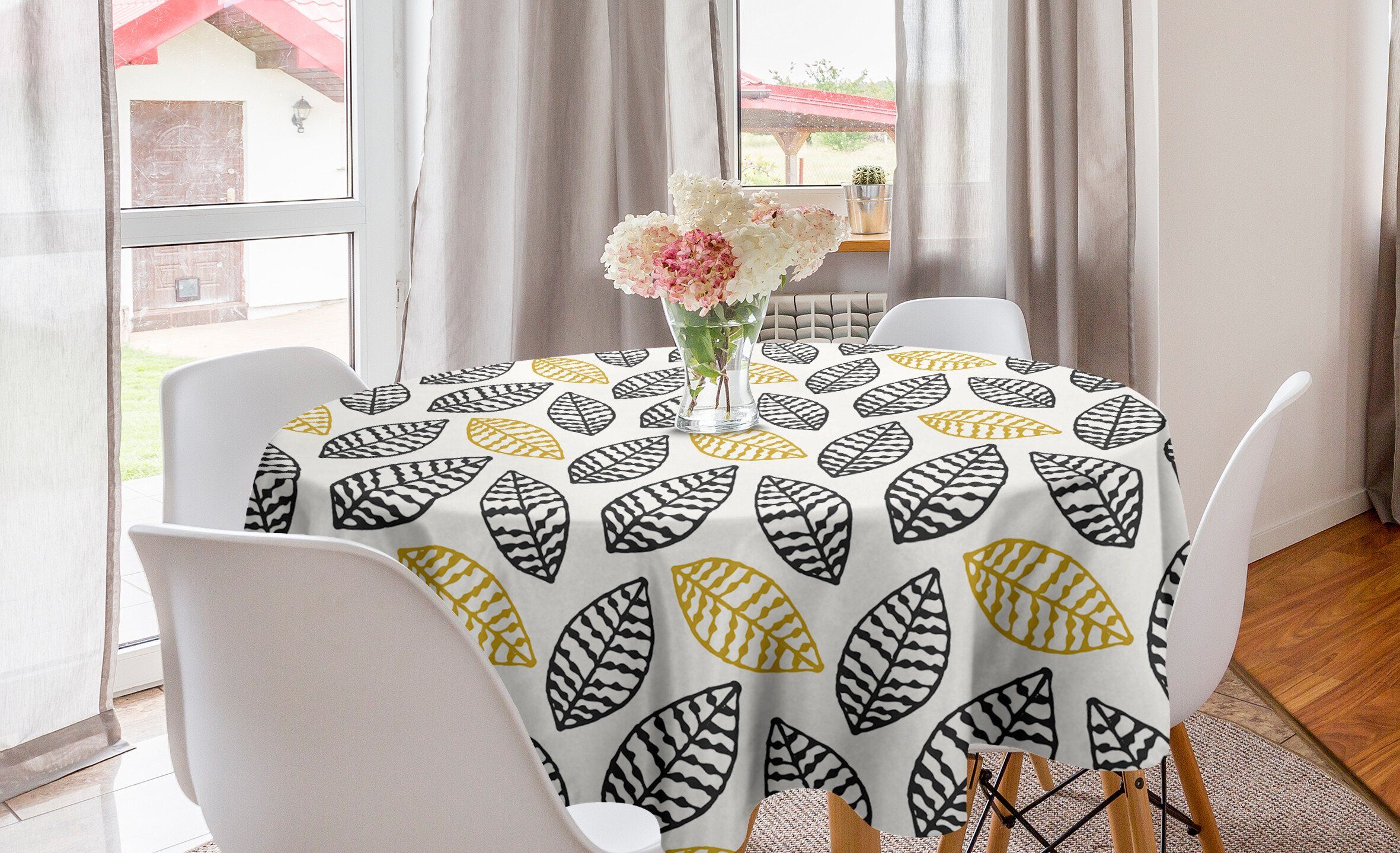 Abakuhaus Tischdecke Kreis Tischdecke Abdeckung für Esszimmer Küche Dekoration, Nicht-gerade weiss Digital-Blätter-Muster