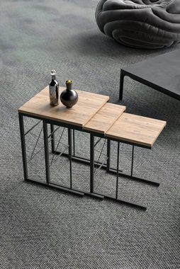 Zeta Interior Beistelltisch 3er Set, Kiefer und Schwarz Farbe, Couchtisch, Wohnzimmertisch