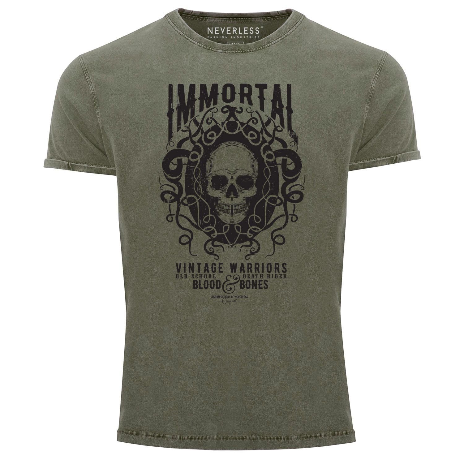 Neverless Print-Shirt Neverless® Herren T-Shirt Look Vintage Print Aufdruck Vintage oliv Skull Used Shirt Immortal Slim mit Totenkopf Fit Printshirt Warriors