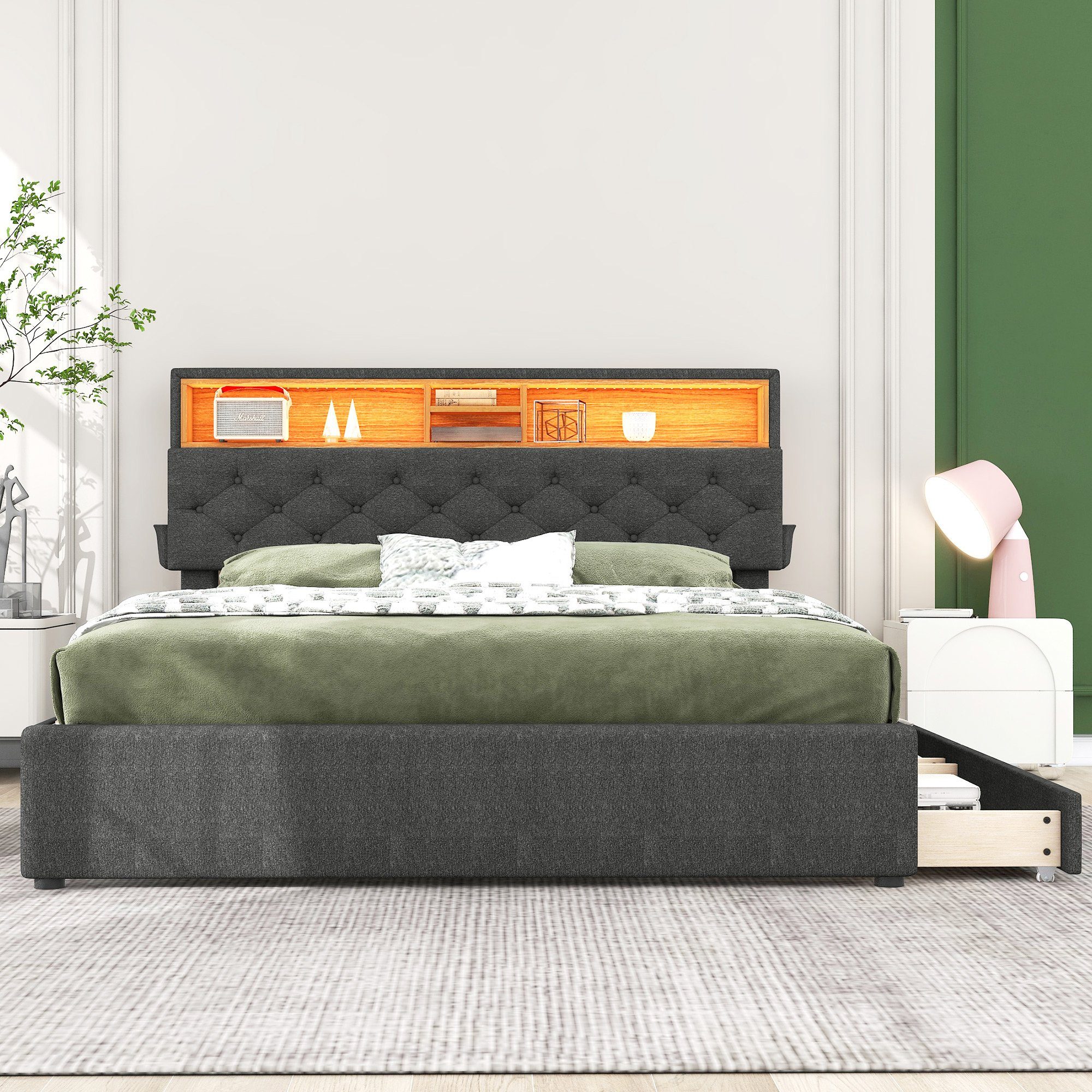 Ulife Polsterbett Doppelbett Stauraum-Kopfteil LED-Beleuchtung Funktionsbet günstig online kaufen