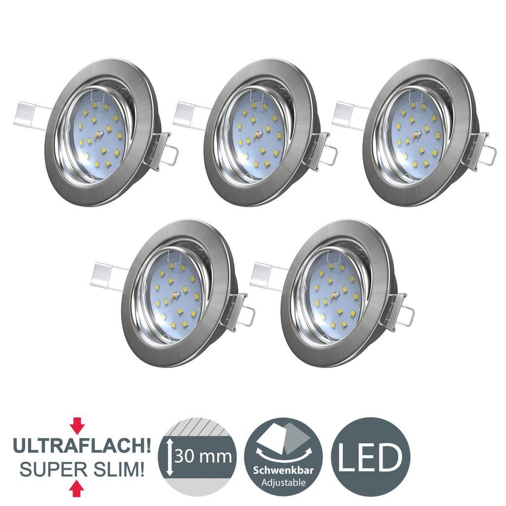 Einbaustrahler Spots B.K.Licht 26mm Ultraflach Wohnzimmer 3.000K 5x Küche 400lm 5W LED Matt-nickel Schwenkbar - fest Schlafzimmer Einbauleuchten integriert, BKL1109, Warmweiß, LED