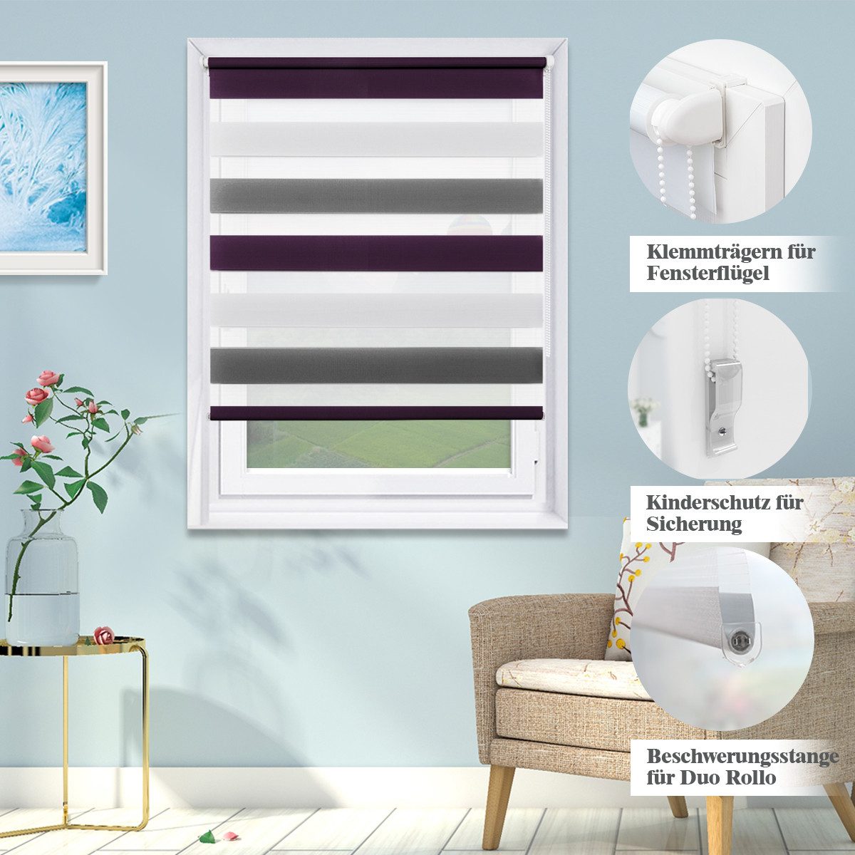 Doppelrollo Fensterrollos Ohne Bohren, Vkele, 130cm/160cm, klemmfix,klemmträger, Sonnenschutz, Lichtdurchlässig und Verdunkelnd. – Bild 4 von 5