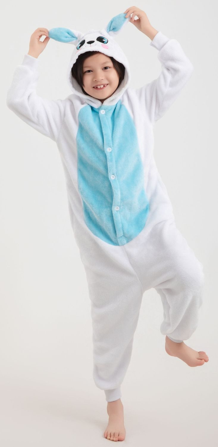 Corimori Jumpsuit Kinder Kostüm Jumpsuit Onesie verschiedene Designs (1-tlg) Fasching, Karneval, Tierkostüme Hase blau weiß 110-116 Bunny Osterhase