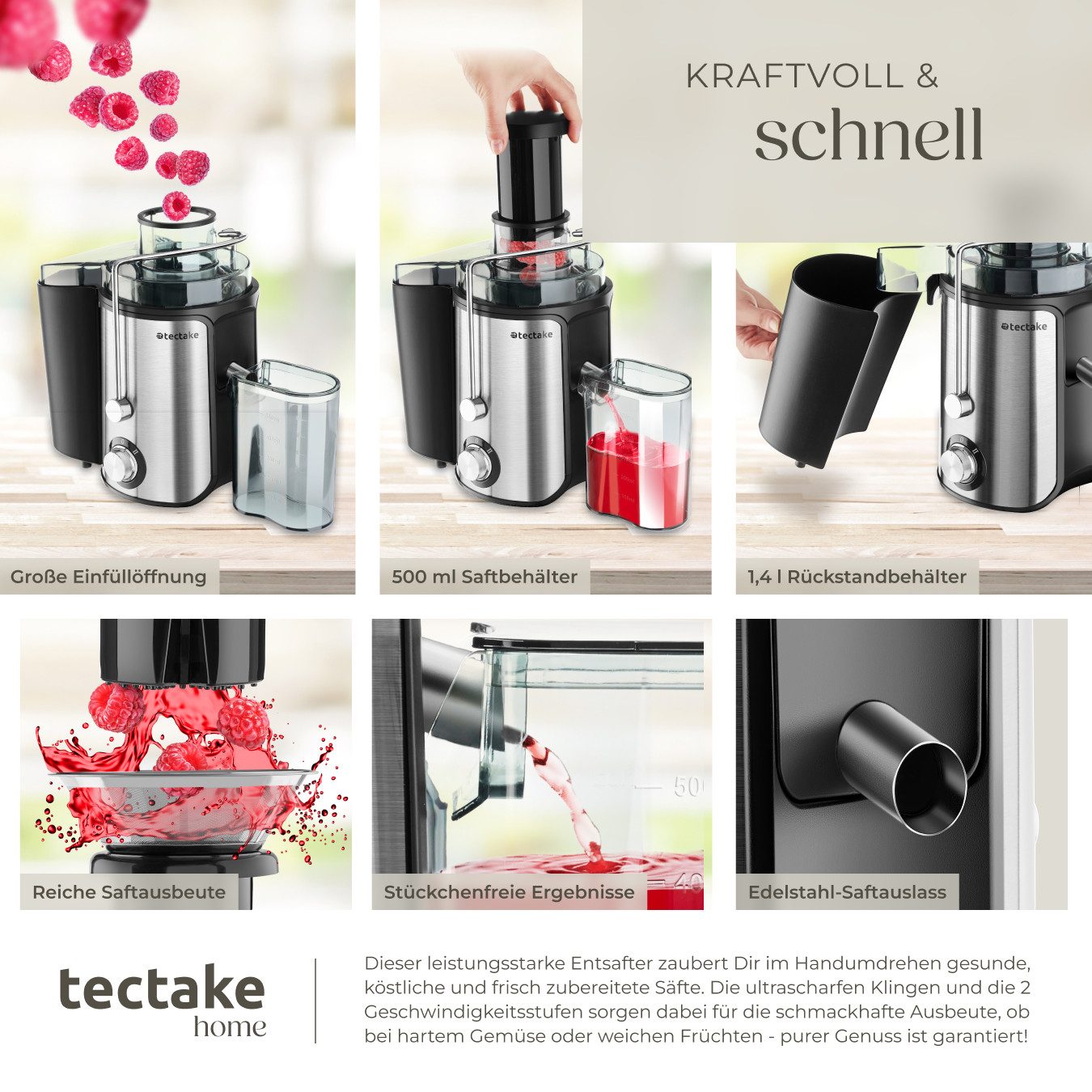 tectake Entsafter Saftpresse Frufi, 2 Geschwindigkeitsstufen, Edelstahl, 600W, 600 W, 600 W, 500 ml Fassungsvermögen