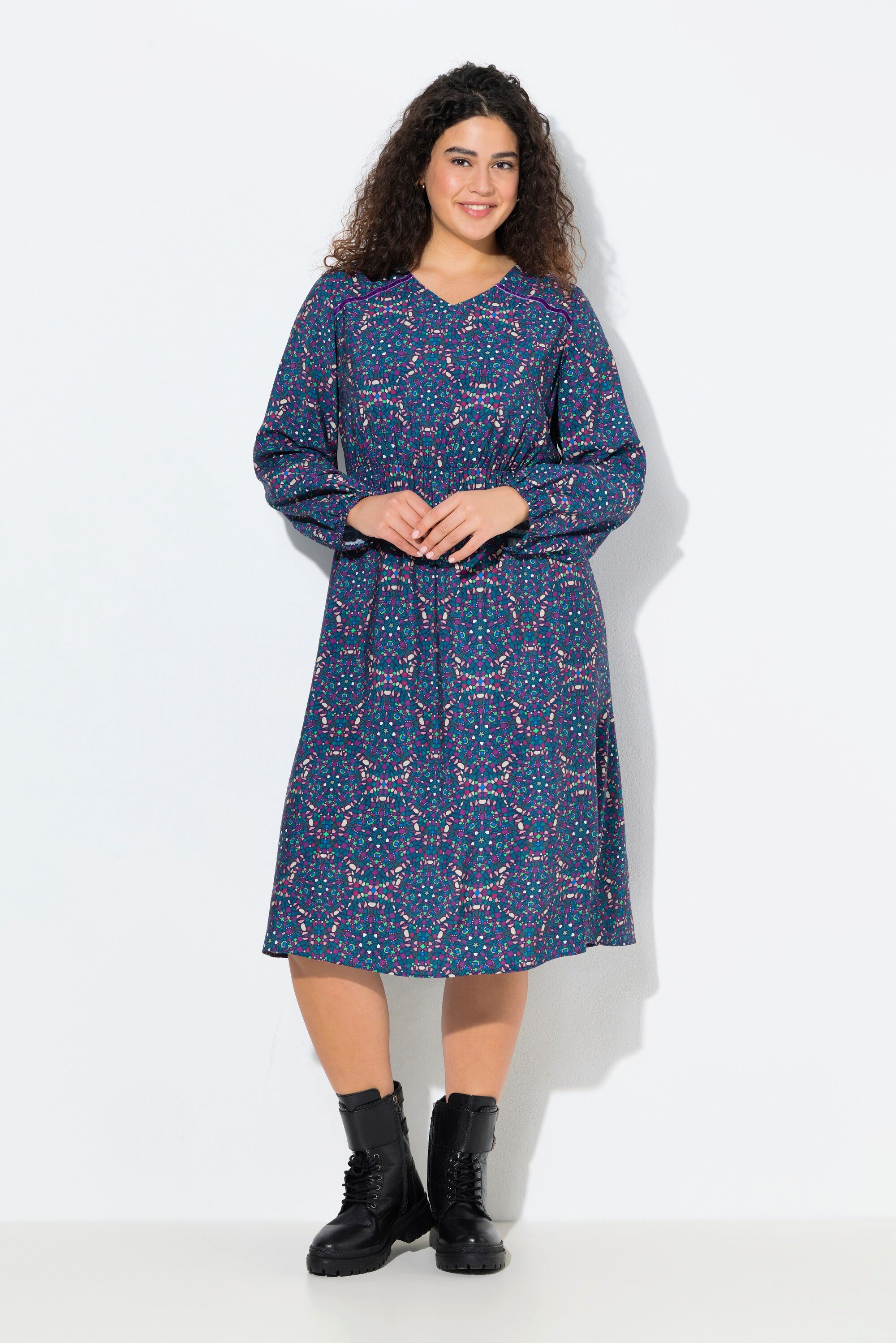 Ulla Popken Jerseykleid Kleid Kaleidoskop A-Linie V-Ausschnitt Langarm