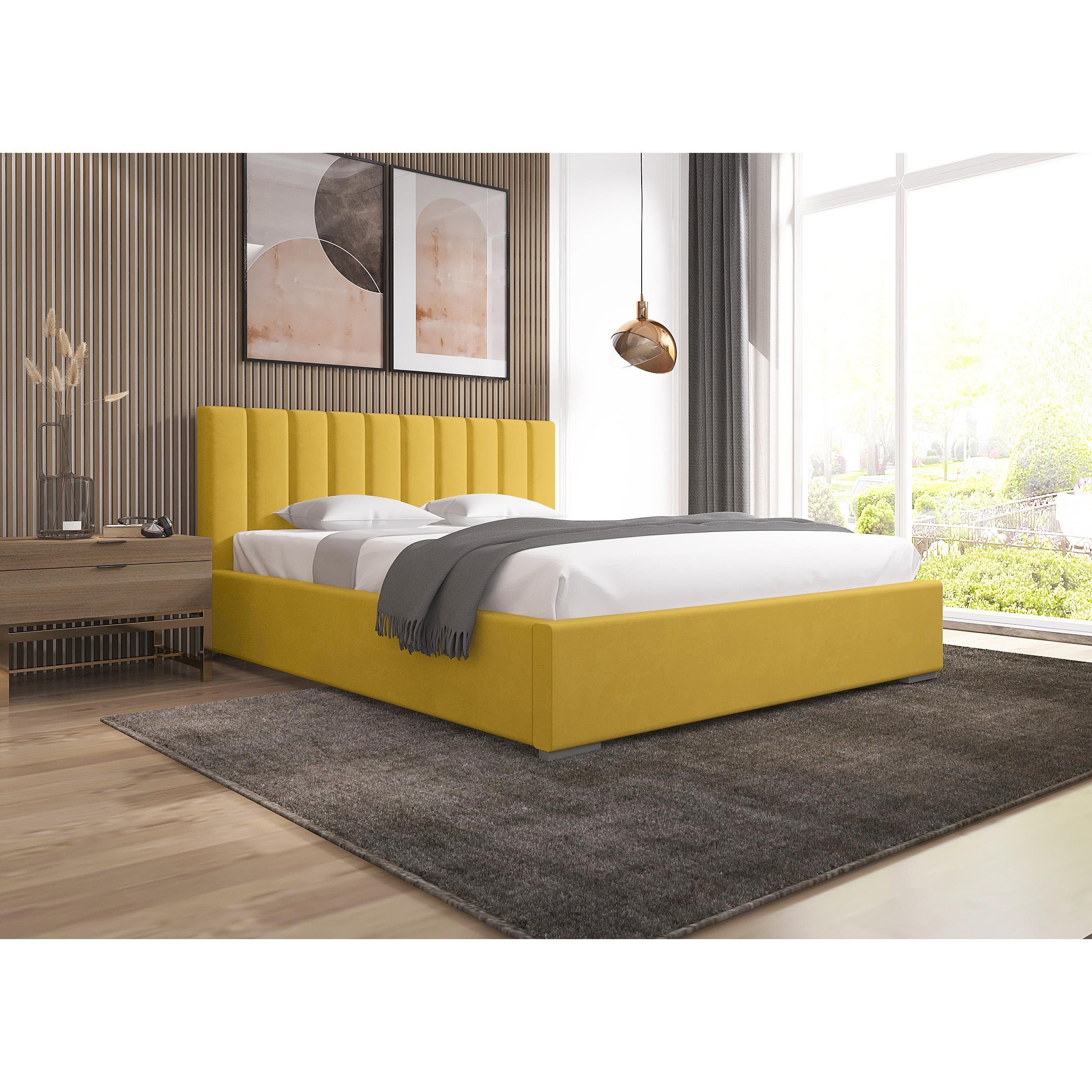 Beautysofa Polsterbett Adeline (stilvoll Bett mit Velvet-Bezug, Beige Polsterbett 120 x 200 cm), mit Bettkasten, mit Holzgestell Gelb (mono 236)