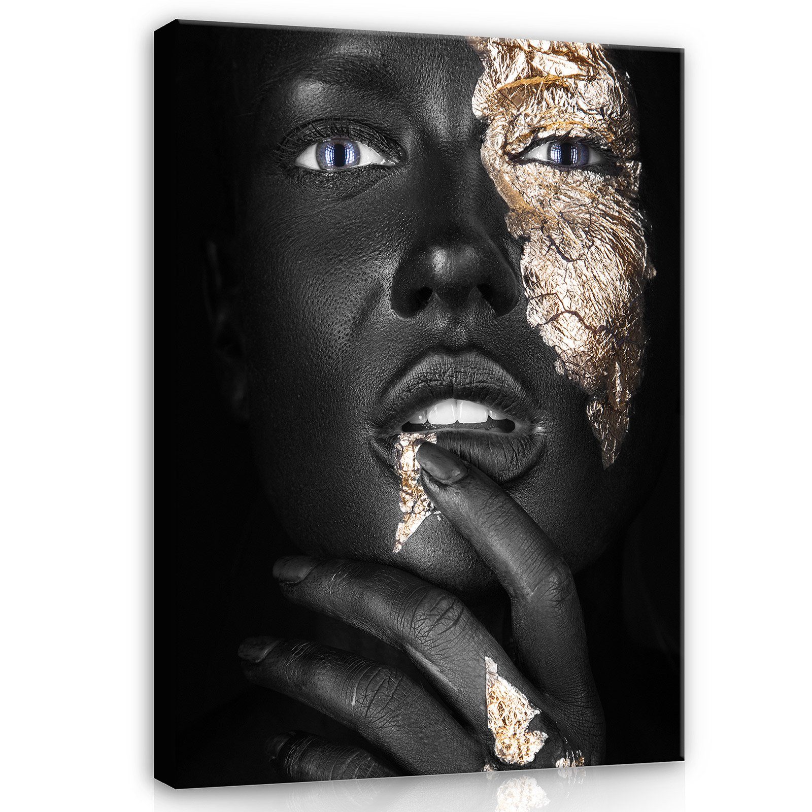 Wallarena Leinwandbild Frau Lippen Gold Schwarz Abstrakt Groß XXL Wandbilde günstig online kaufen