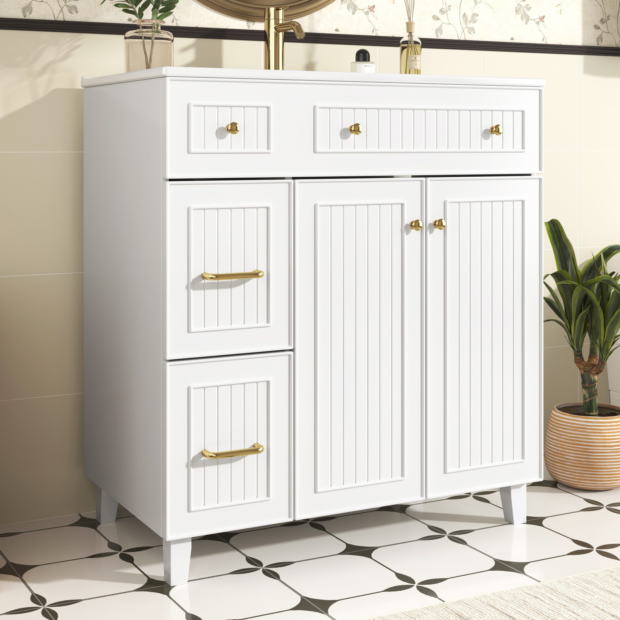 Flieks Waschtisch Waschbeckenunterschrank mit Waschbecken (B81,7/T46,8/H90 cm, 1-St., bodenstehend, Badschrank Volllackierung), Badmöbel mit Schubladen und Türen Badzimmerschrank, Massivholzfüß