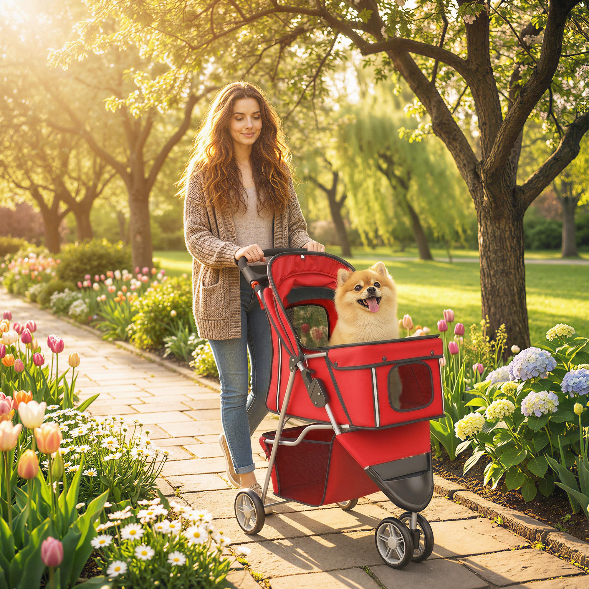 PawHut Hundebuggy verstellbares Verdeck, Aufbewahrungskorb, (klappbar Hundewagen, 1-tlg), für kleine Hunde bis 10kg, Rot