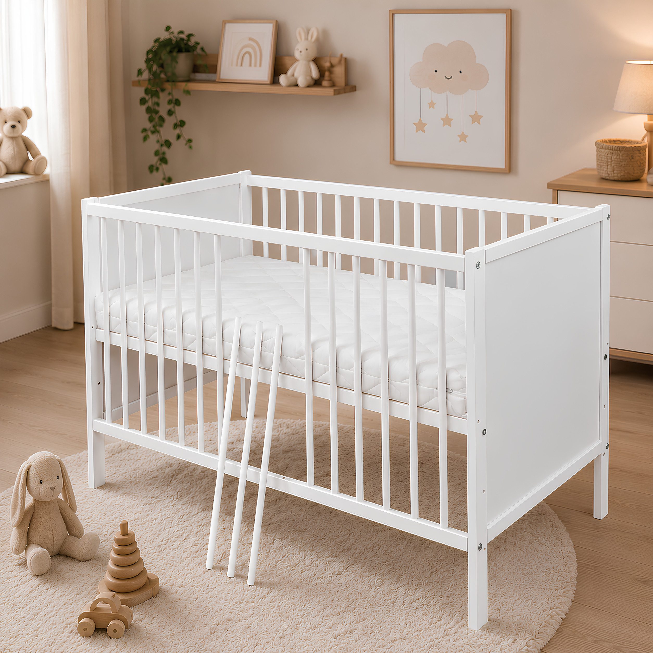 Baby-Delux Babybett Lina, Kinderbett 60x120 cm weiß höhenverstellbar mit Schutzgitter Matratze