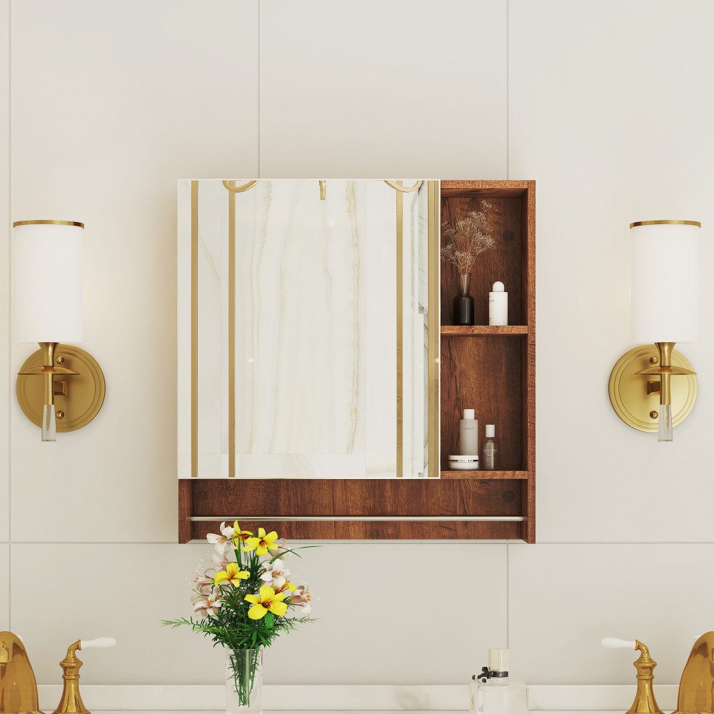BBWL Badezimmerspiegelschrank mit Spiegel MDF wandmontiert 56x55 cm Spiegelschrank Weiß/Nussbaum mit offenen Ablagen