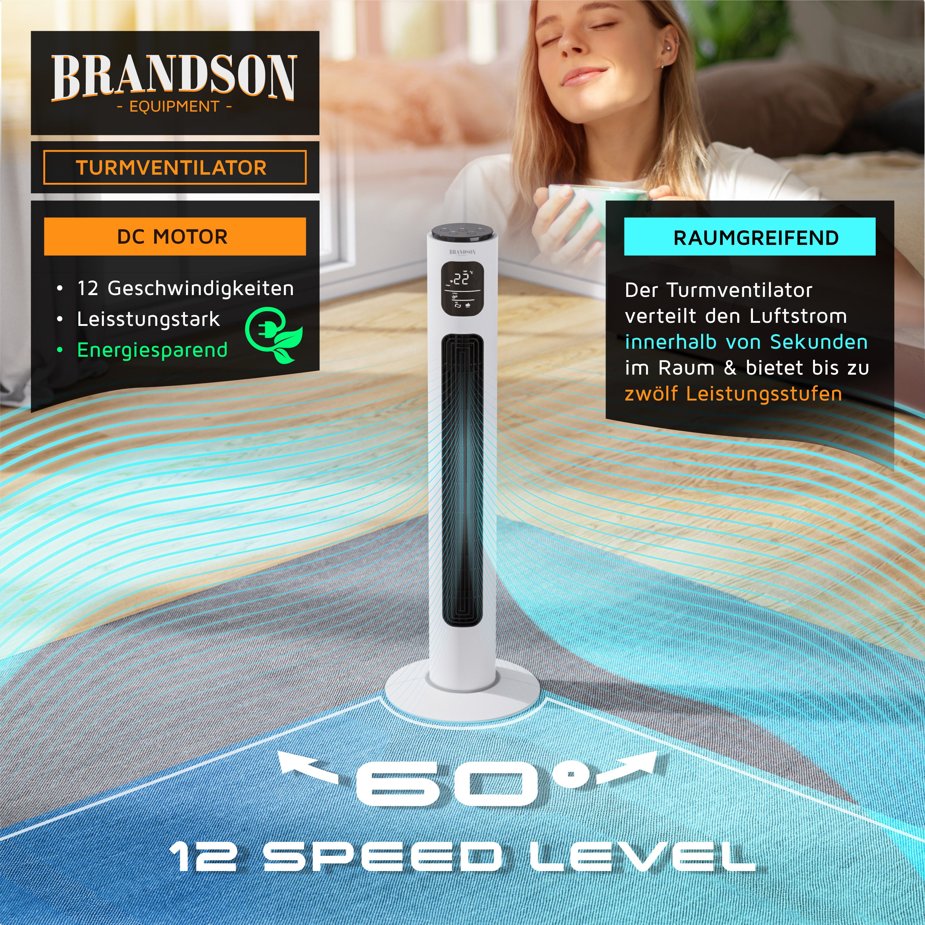 Brandson Turmventilator WiFi, Eco DC-Motor 35W, App-Steuerung/Sprachbefehl, Timer, Oszillation, Preisträger 2025, extrem leiser Lüfter, 12 Lüftungs-Modi, GS-Geprüft