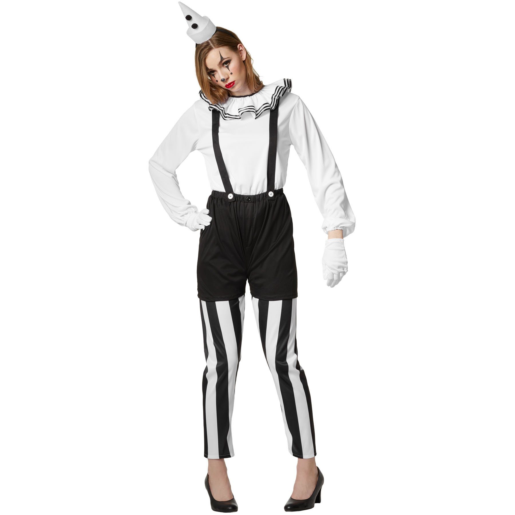 dressforfun Clown-Kostüm Frauenkostüm Clown schwarz-weiß, Sechsteiliges Clown-Kostüm in Schwarz und Weiß
