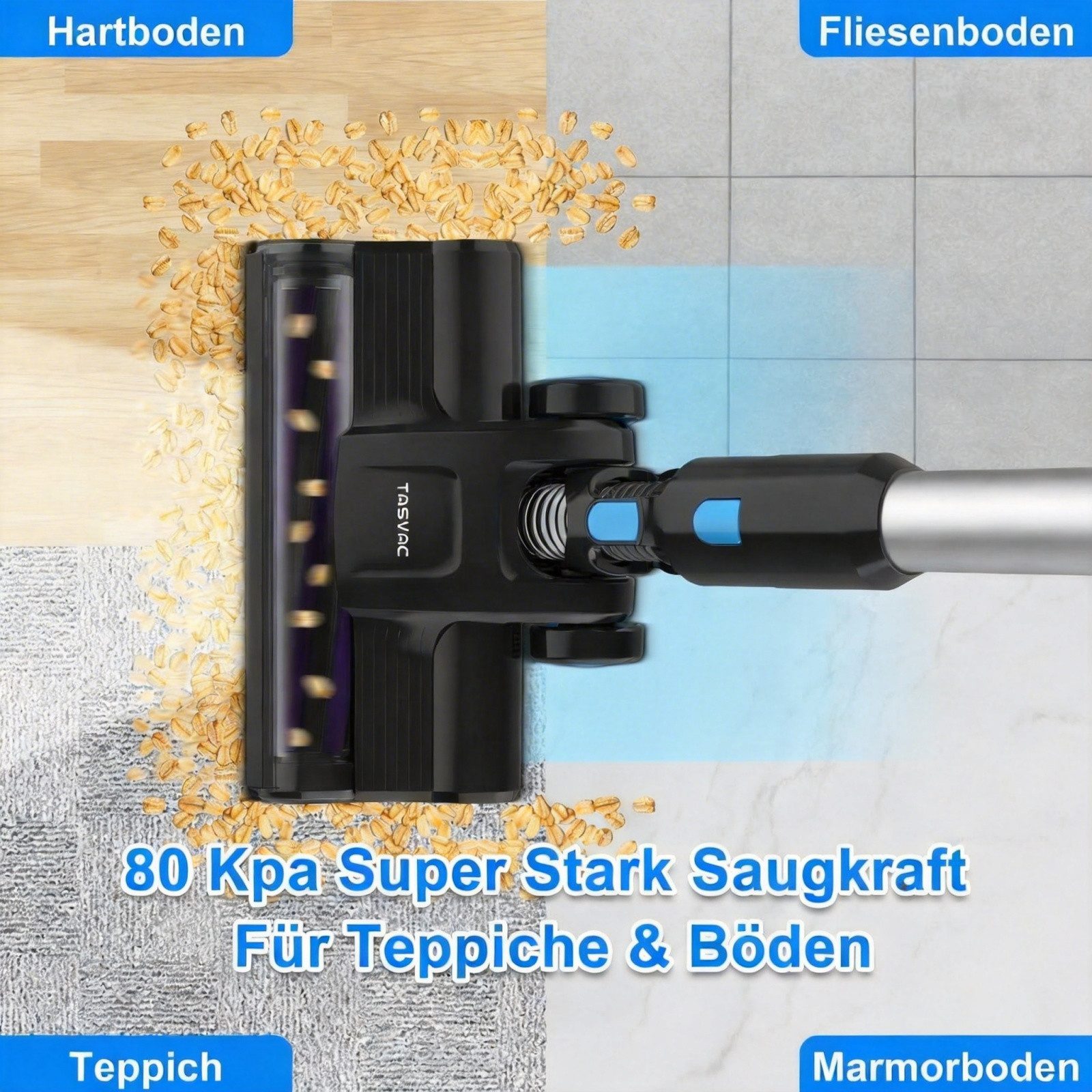 TASVAC Akku-Hand-und Stielstaubsauger Akku Staubsauger 80000Pa/60Min/1,7 L Staubsauger Kabellos, mit Beutel, 50dB leise/5-Stufen-Filter/LED Display, Ideal für Böden/Teppiche/Auto