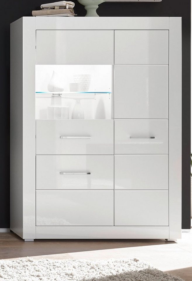 Furn.Design Highboard Carrara (Vitrine in weiß 3-türig, 100 x 142 cm),  Hochglanz