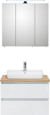 Saphir Badmöbel-Set Quickset 360 2-teilig, Keramik-Aufsatzbecken mit LED-Spiegelschrank, (2-St), Waschtischplatte, 78 cm breit, Weiß Glanz, 3 Türen, 2 Schubladen