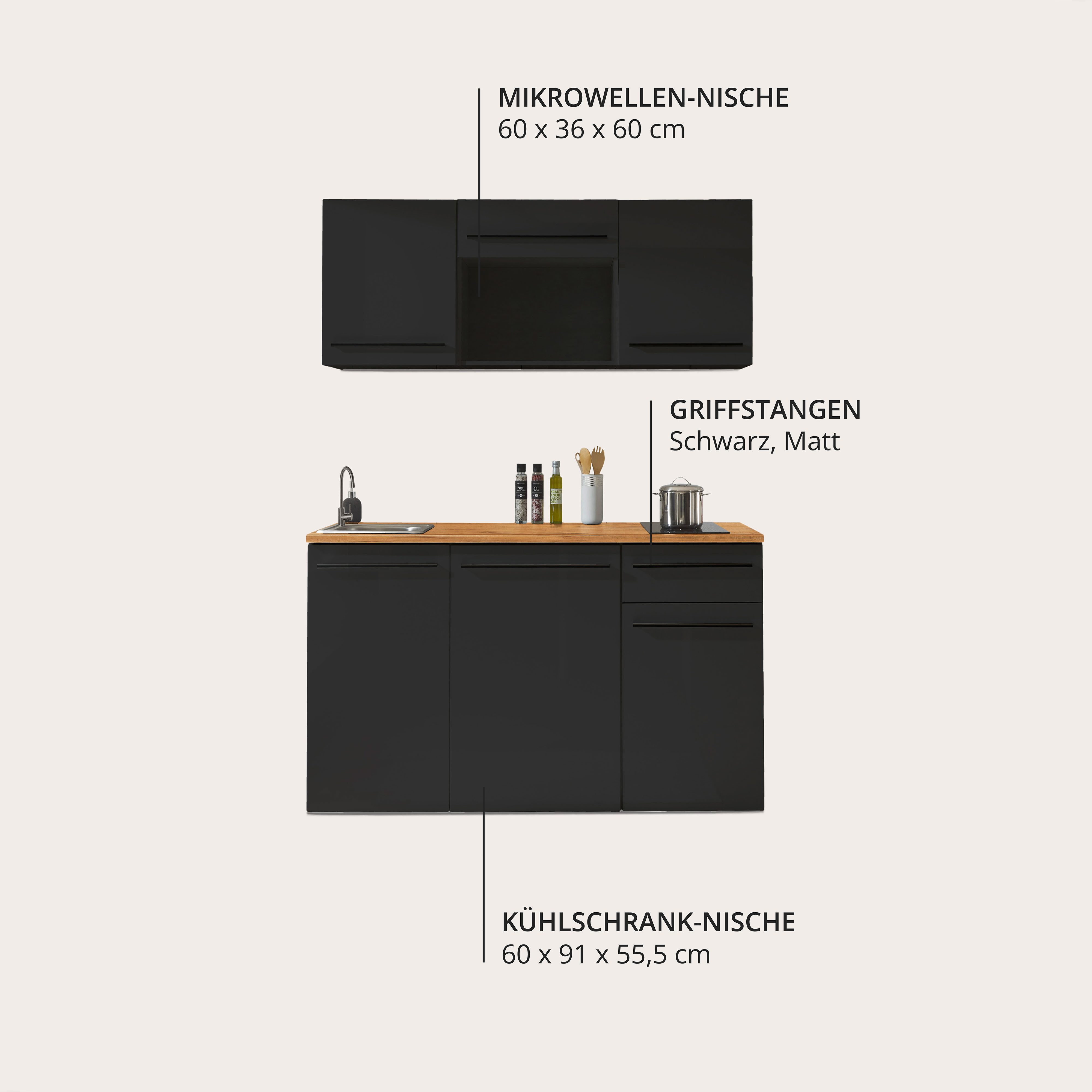 BASIC by Balculina Pantryküche Jazz Singleküche, Breite 160 cm, wahlweise mit E-Geräten und Mikrowelle