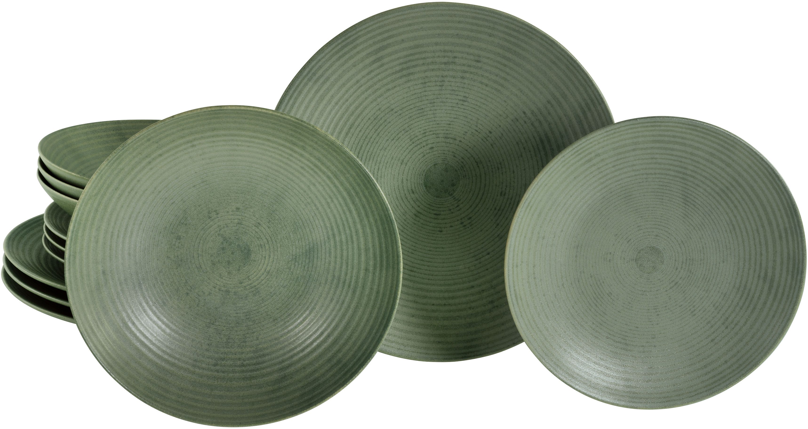 CreaTable Тарелки-Set Catania, Тарелкиset 12-tlg. (12-tlg), 4 Personen, Steinzeug, Vintage Farben, Ausdrucksstarkes Relief, Handwerklicher Charakter