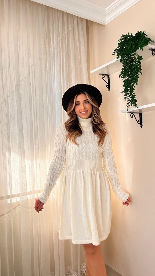 Moda Yakamoz Midikleid JANE'S Damen Langarm Rollkragen Taille Gesammelt Kurzes Strickkleid