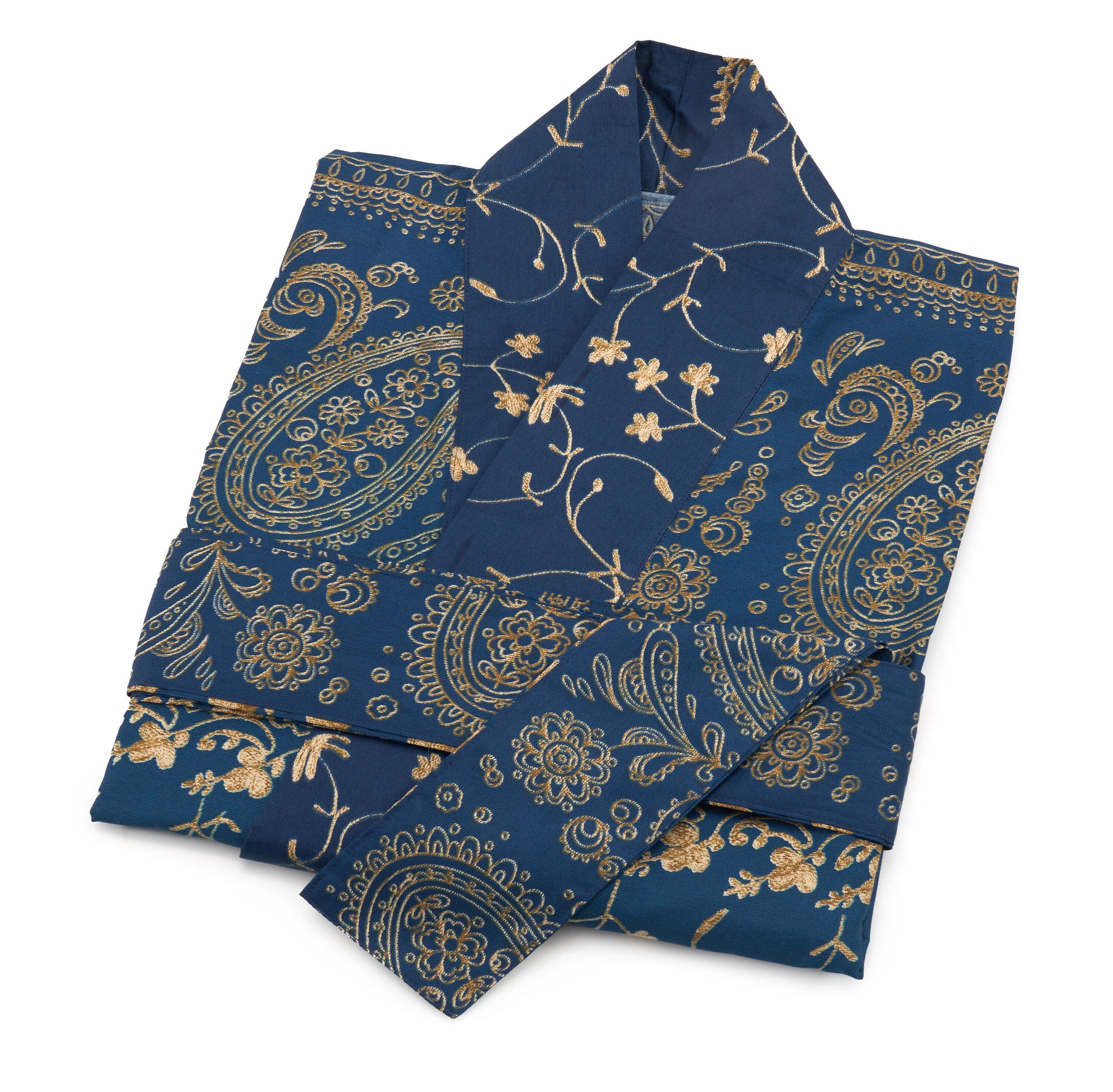 mit modernem Blau BRENTA, Baumwolle, Muster, aus Kimono satinierter knieumspielend, Baumwolle Gürtel, Bassetti