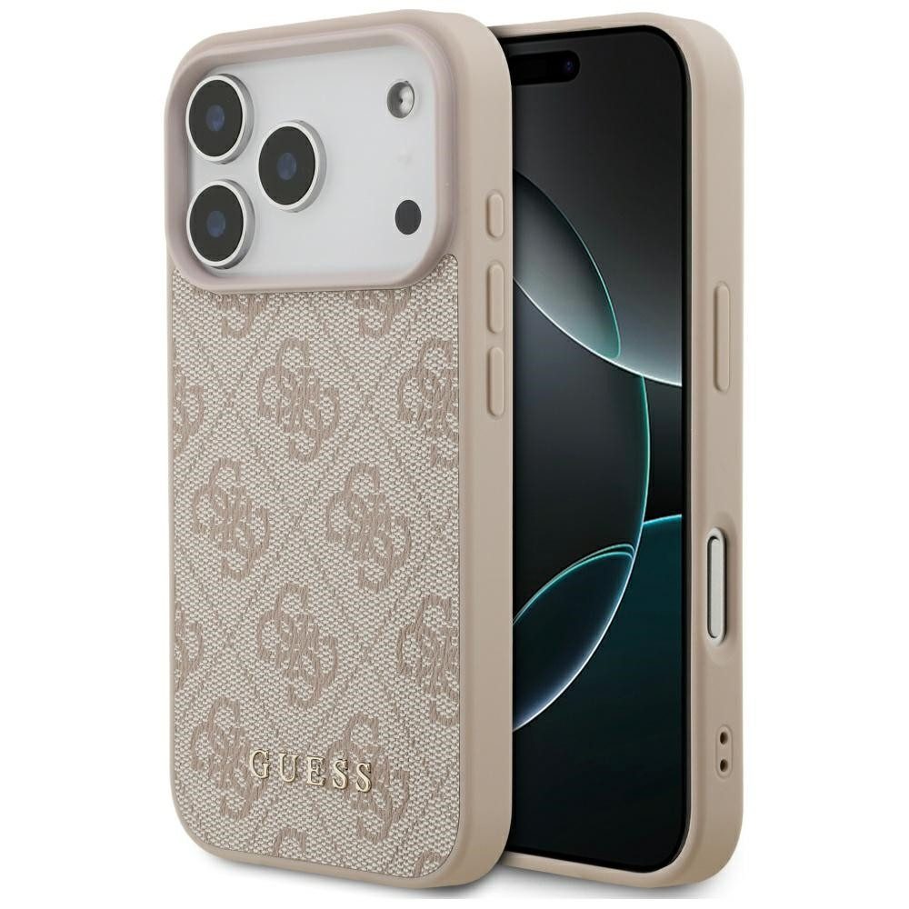 Guess Handyhülle iPhone 17 Pro Kunstleder rosa Classic Logo goldfarben Metall 6,3 Zoll, Kantenschutz