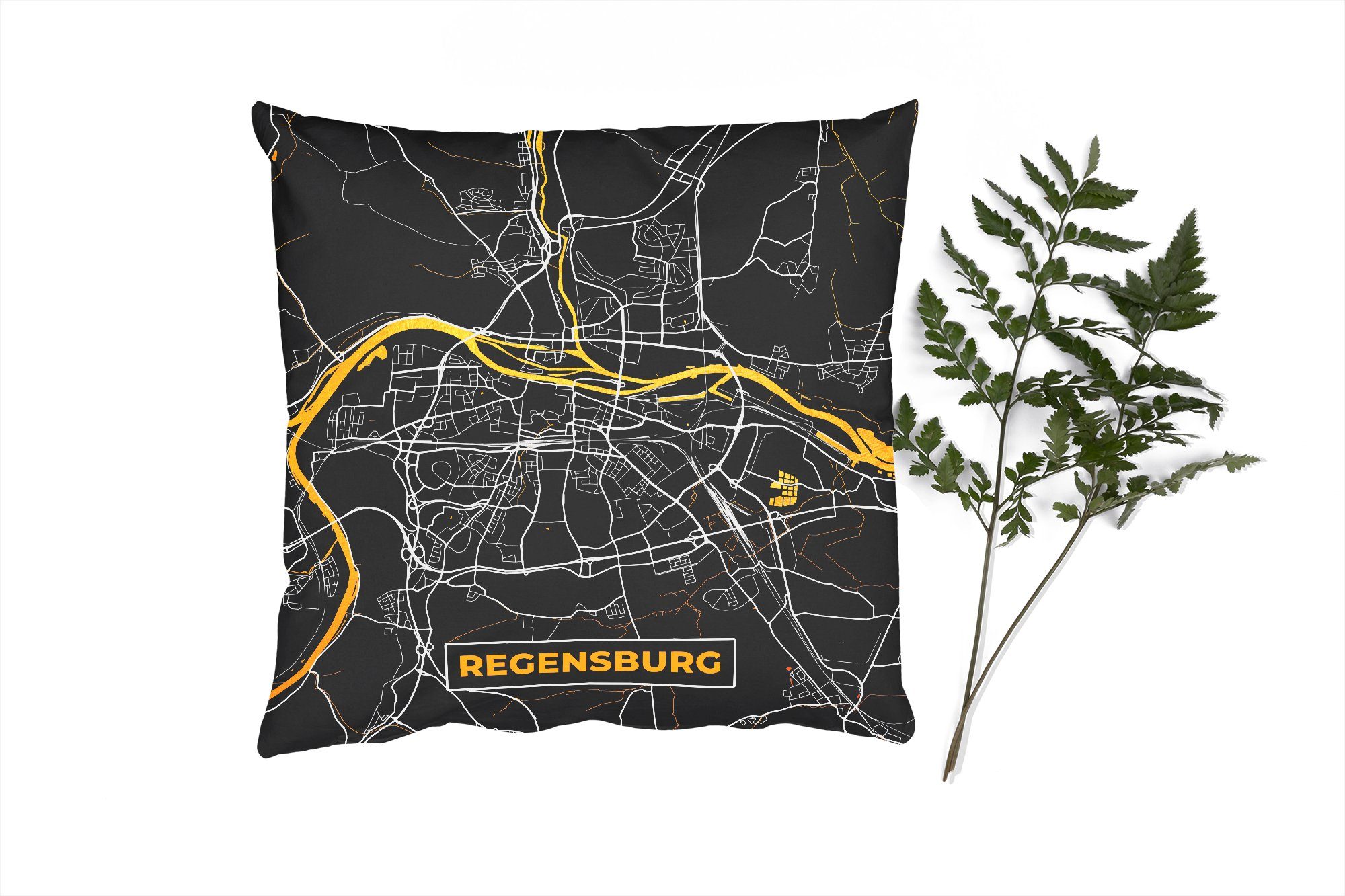 MuchoWow Dekokissen Deko, Deutschland Regensburg - Gold für Füllung - Stadtplan Sofakissen Zierkissen Karte, - - Schlafzimmer, mit Wohzimmer, Karte 