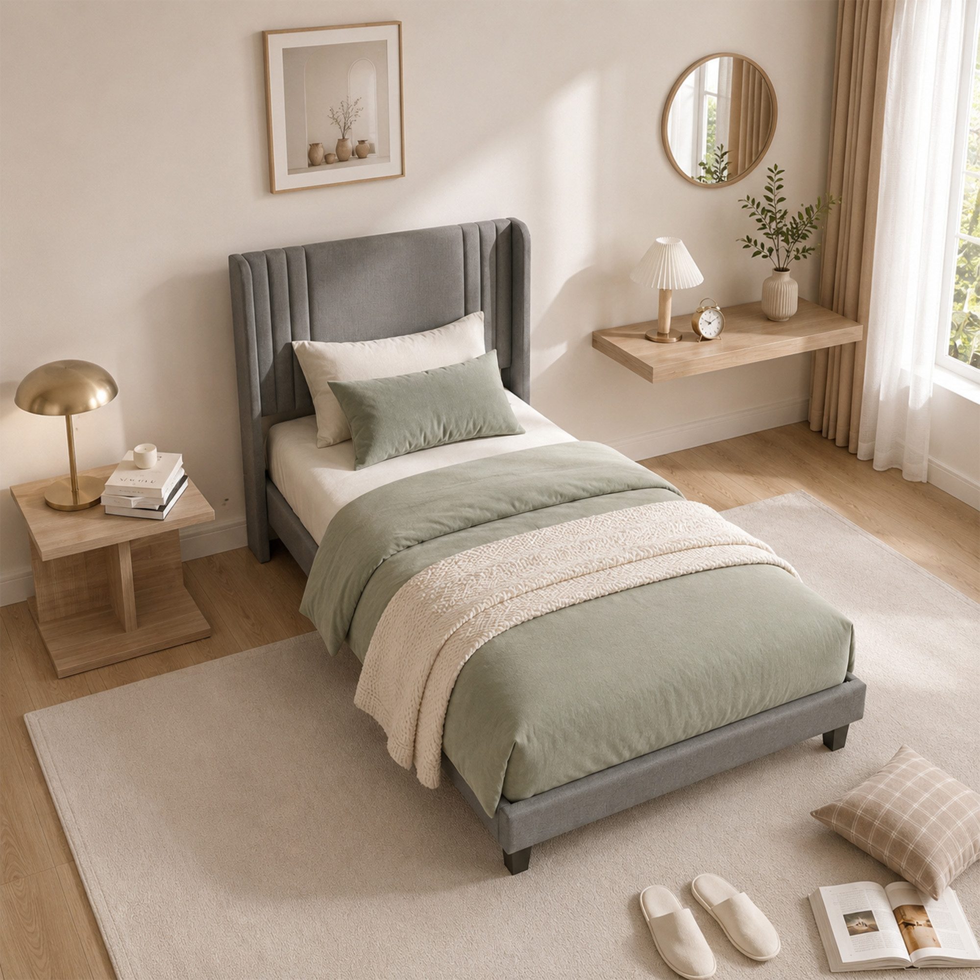 Simurq Einzelbett Polsterbett 90x200 mit Leinenbezug, Einzelbett mit Lattenrost (Gästebett, Lattenrost und 15 cm Bodenfreiheit), Jugendbett Beige oder Grau