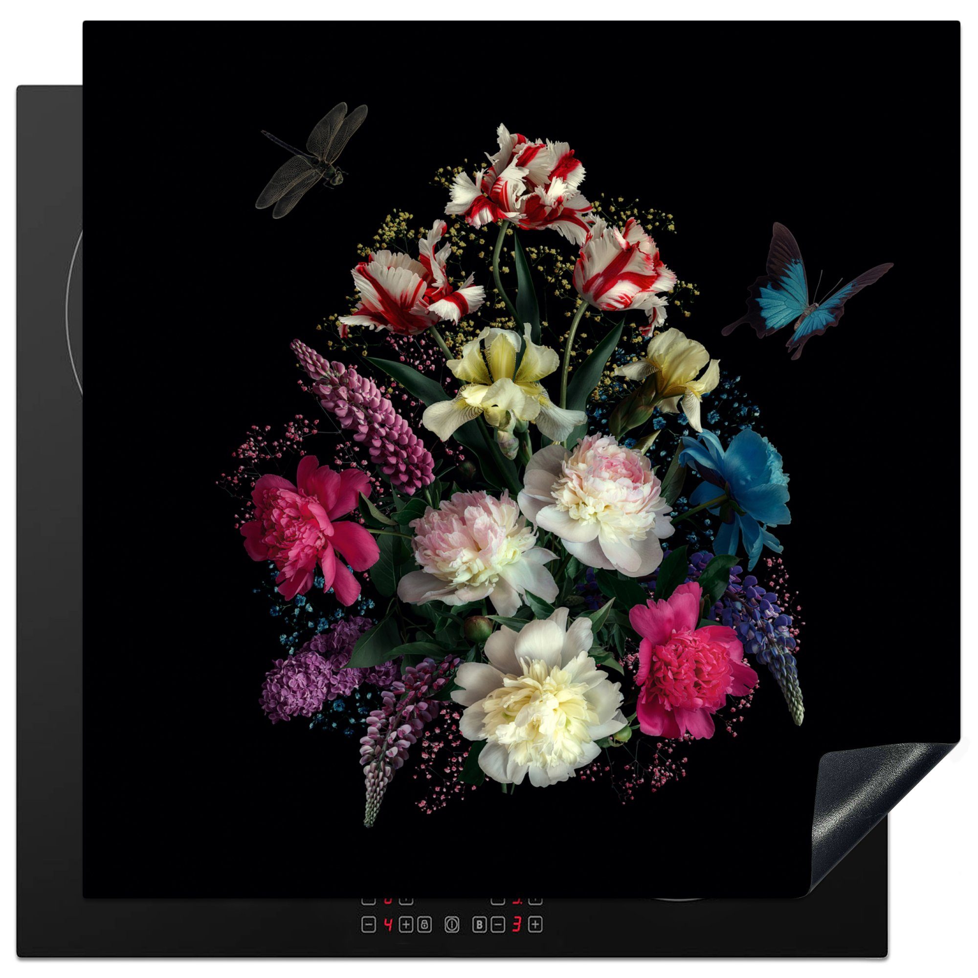 78x78 Vinyl, (1 küche cm, Stilleben, Arbeitsplatte Ceranfeldabdeckung, Herdblende-/Abdeckplatte MuchoWow - Schmetterling tlg), für Blumen -