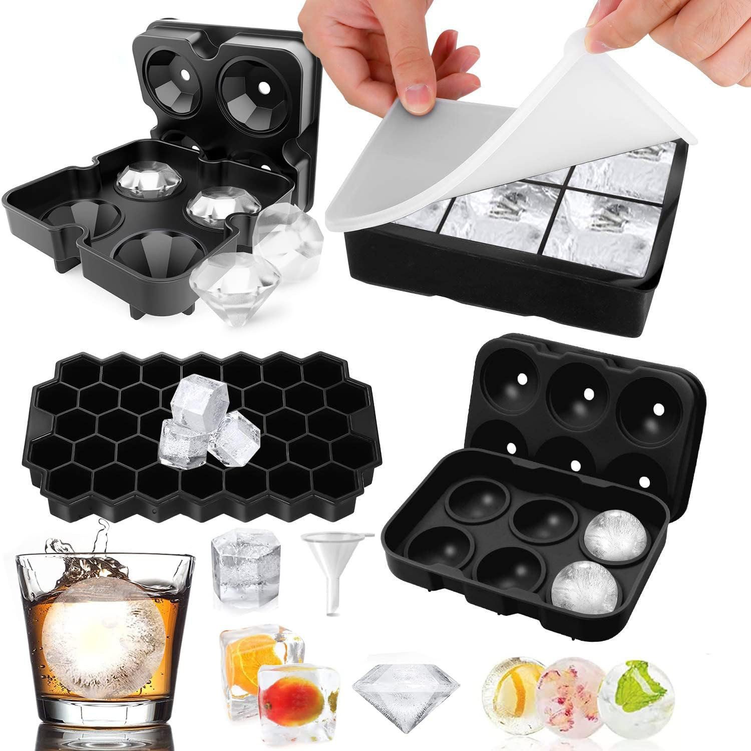 HEYHIPPO Eiswürfelform Silikon Eiswürfelformen 4er Set – Mit Deckel & Trichter, BPA-frei, Wiederverwendbare Eiswürfelformen Set – Kugeln, Würfel & Diamant