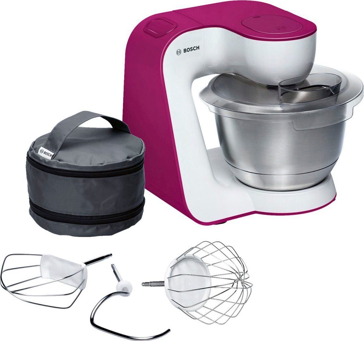 BOSCH Küchenmaschine StartLine MUM54P00, 900 W, 3,9 l Schüssel, 7  Arbeitsstufen, Knethaken, Schlagbesen, Rührbesen, weiß/lila, Schnelle  Verstaulösung des Patisserie Sets in Zubehörtasche