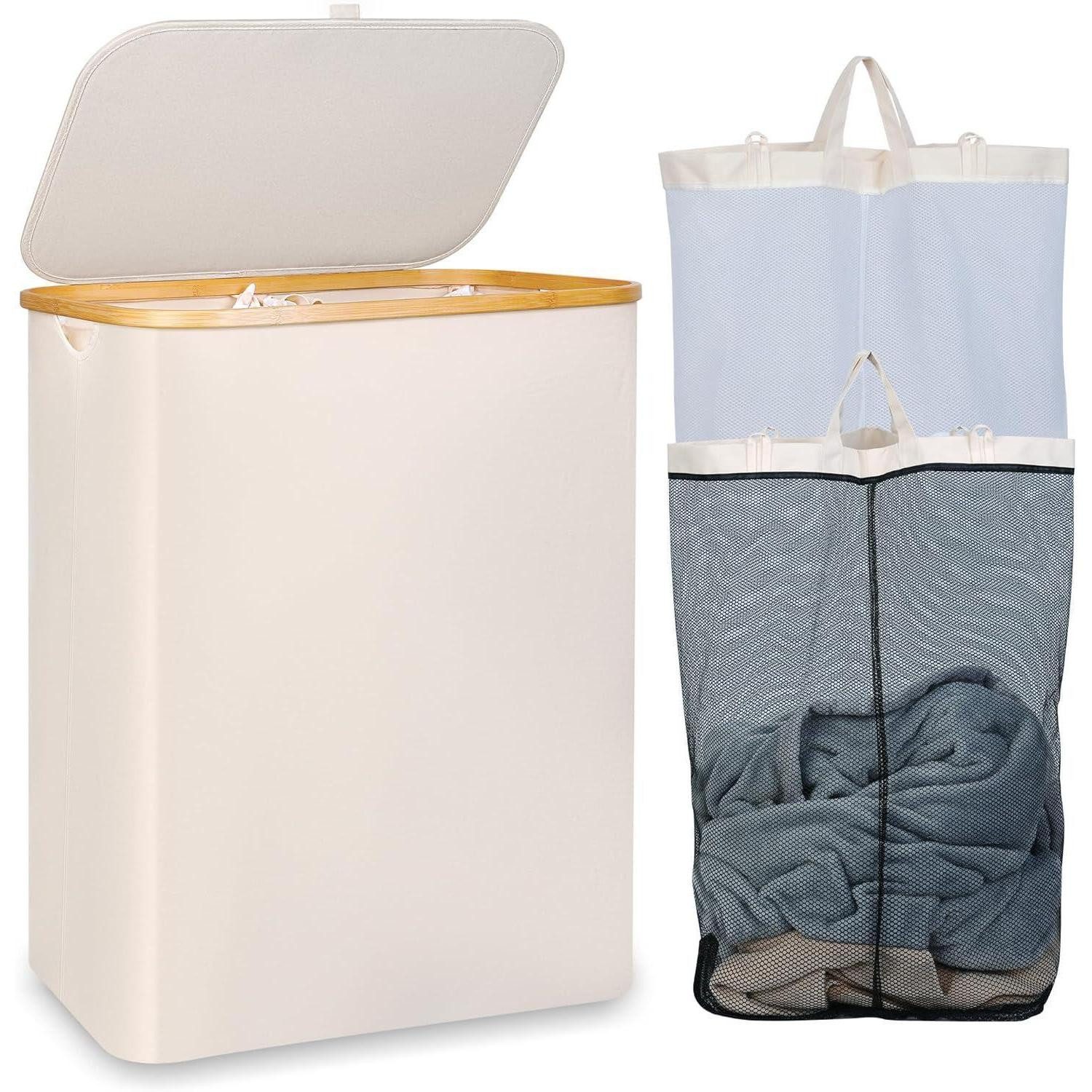 LuxusKollektion Wäschekorb Wäschekorb 150L XL-Extra Groß mit 2 Fächern, Bambusgriff und Deckel