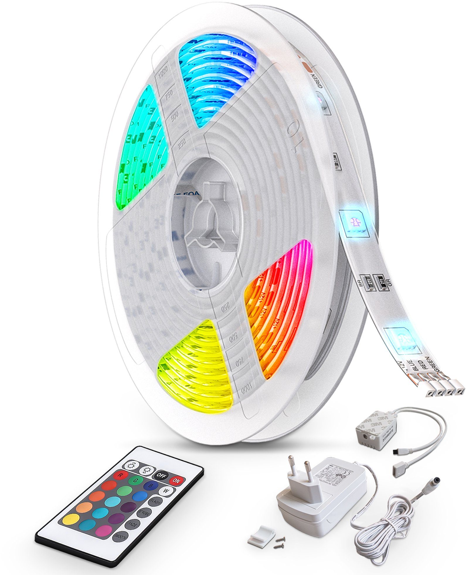 Meter, LED Fernbedienung, mit Strip, Lichtband Band IP20 LED 10 IP20, RGB, Farbwechsel, Bunt, Stripe 300-flammig, Kürzbar, mit Selbstklebend, BK_LS1086 B.K.Licht LED