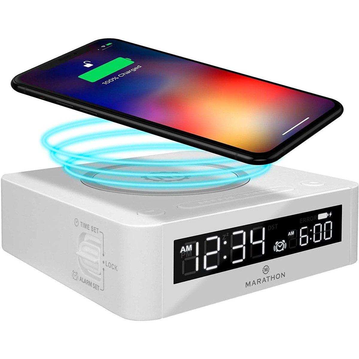 Marathon Funkwecker Digitaler Wecker mit kabelloser Ladestation und USB Anschluss