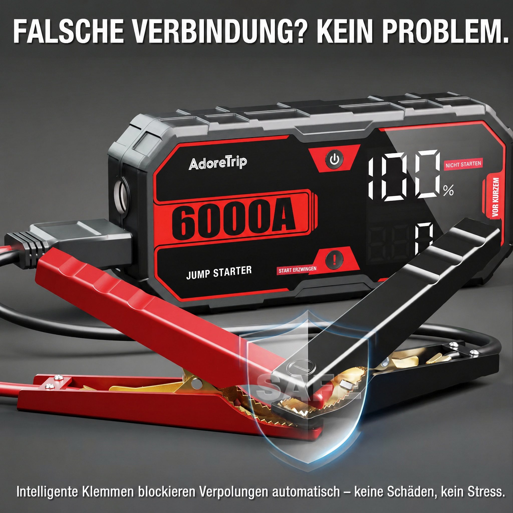 Blossom Auto Starthilfe 6000A 12V mit 3,7" HD-Display, Powerbank, LED-Notlicht Starthilfegerät (12 V), IP65, Batteriestarter für Benzin- & Dieselmotoren bis 10L