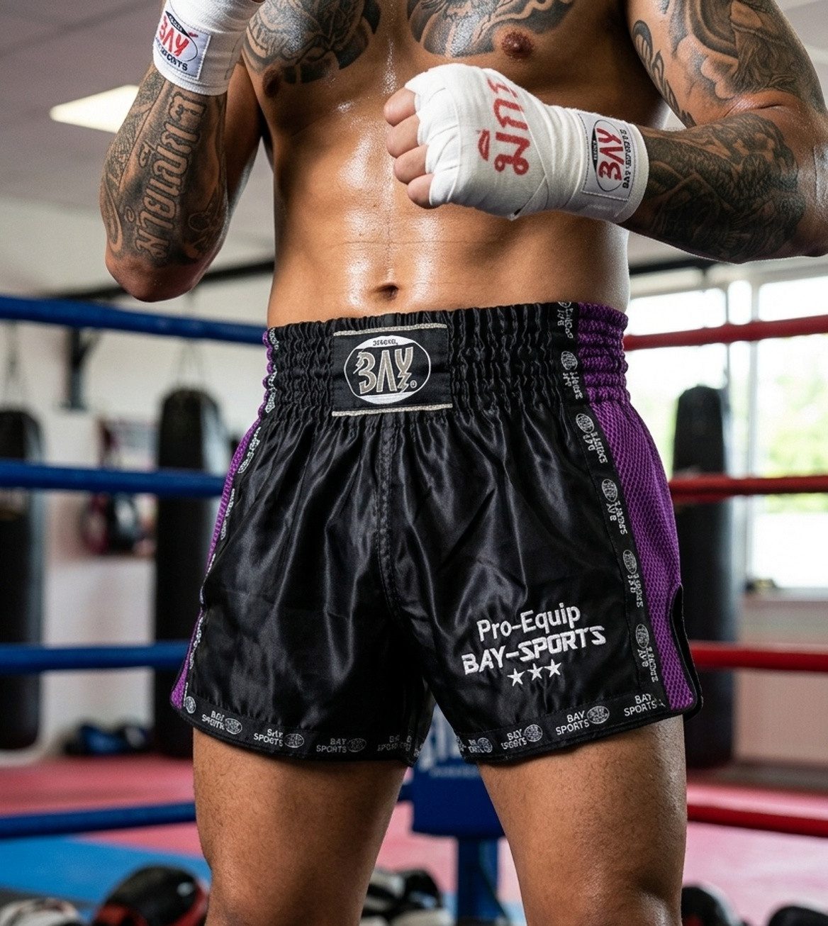 BAY-Sports Sporthose Thaiboxhose lila violett Thaiboxen Hose Shorts Muay Thai Thaiboxshorts (Stück) Mesheinsätze u. Veredelungen, Pur Pur, Kinder und Erwachsene XXS - XXL