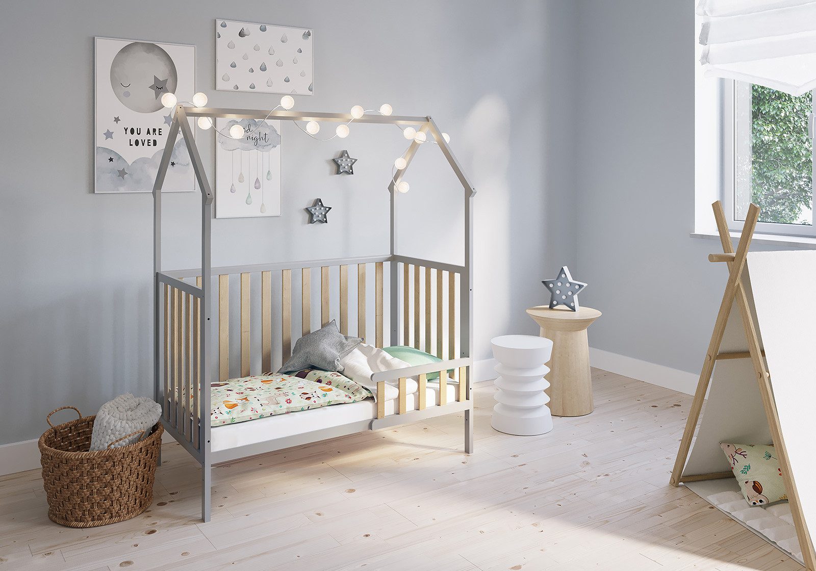 FabiMax Kinderbett Hausbett Schlafmütze 120x60, grau lackiert / natur, Kiefernholz massiv, Gitterbett, Umbaubar zum Juniorbett