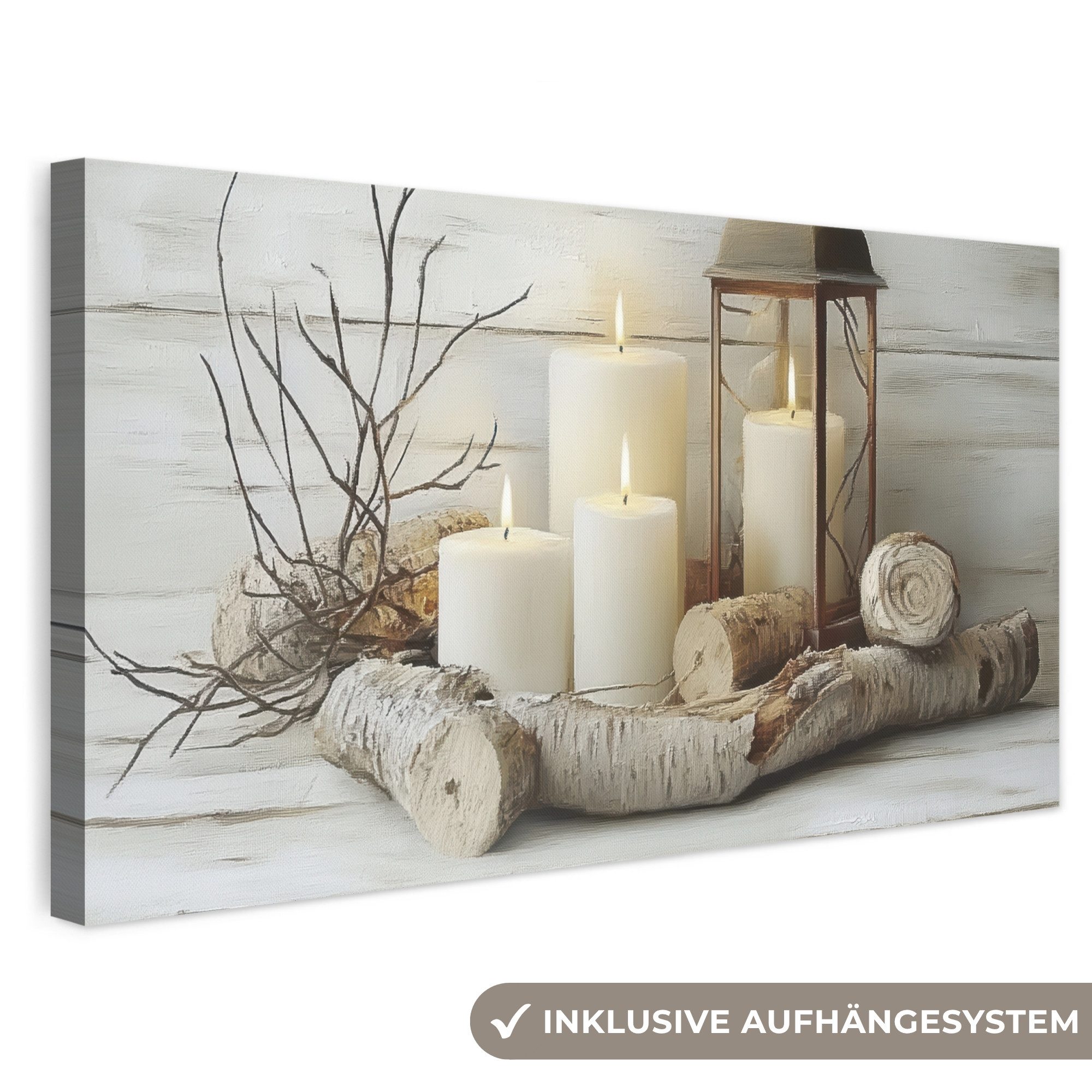 OneMillionCanvasses® Leinwandbild Panorama Stilleben - Weiß - Kerzen - Rustikal - Natur, Fotodruck (1 St), Wandbild, Deko Schlafzimmer Wohnzimmer Flur 40x20 cm