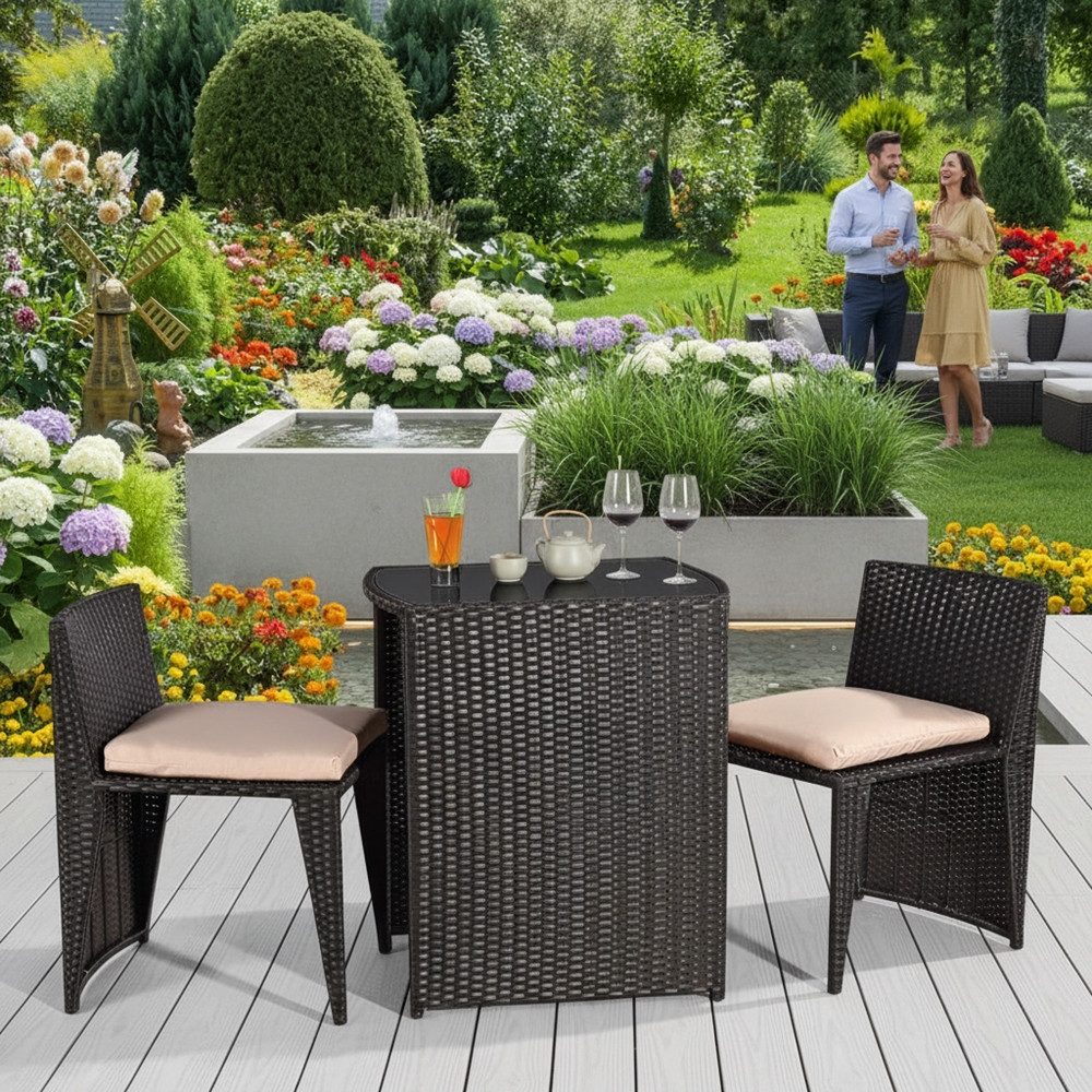 Melko Gartenlounge-Set Gartenmöbel Sitzgarnitur Essgruppe 3er Set Tisch&2 Stühle Polyrattan, (Set, 4-tlg., 3er Set Tisch&2 Stühle), Beansprucht wenig Platz