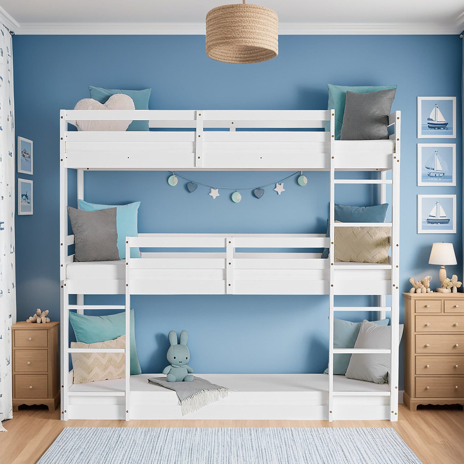 Homestyle4u Etagenbett 90x200 Hochbett Kinderbett Doppelstockbett Weiß Treppe 2 3 Kinder (Set, mit Lattenrost), 2 Meter hoch, mit 2 Leitern, Rausfallschutz