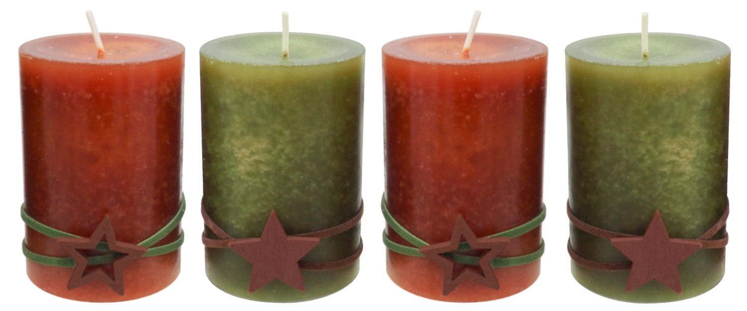ZauberDeko Adventskerze 4 Adventskerzen Stumpenkerzen Grün Marone Braun Orange Stern Weihnacht