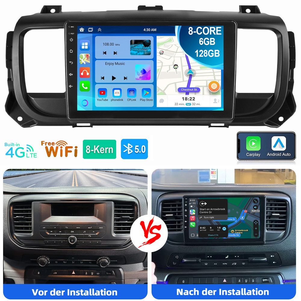 ESSGOO 6+128G Für Toyota Proace Citroën Jumpy Peugeot Expert 16-2022 4G WiFi Autoradio (Digitalradio (DAB), RDS, FM, AM, Carplay Android Auto GPS Navi WIFI BT)