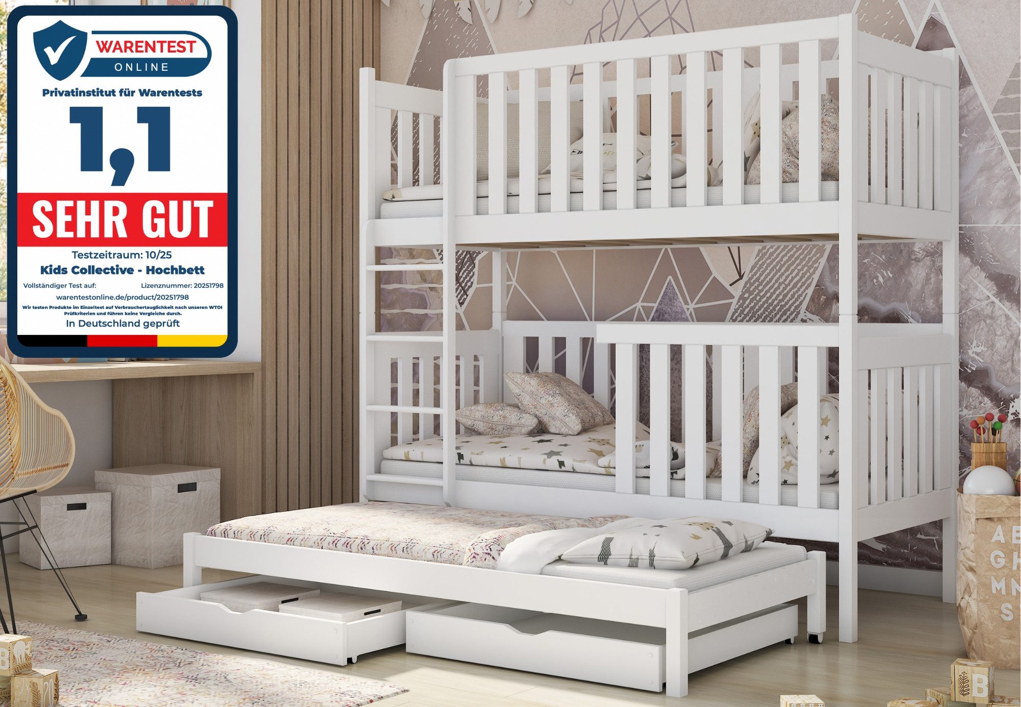 Kids Collective Etagenbett Kinderbett Hochbett 80x180, 90x200 cm mit Ausziehbett Lattenrost, Ausziehfunktion, 2 Schubladen, extra hoher Rausfallschutz, 200x90 cm