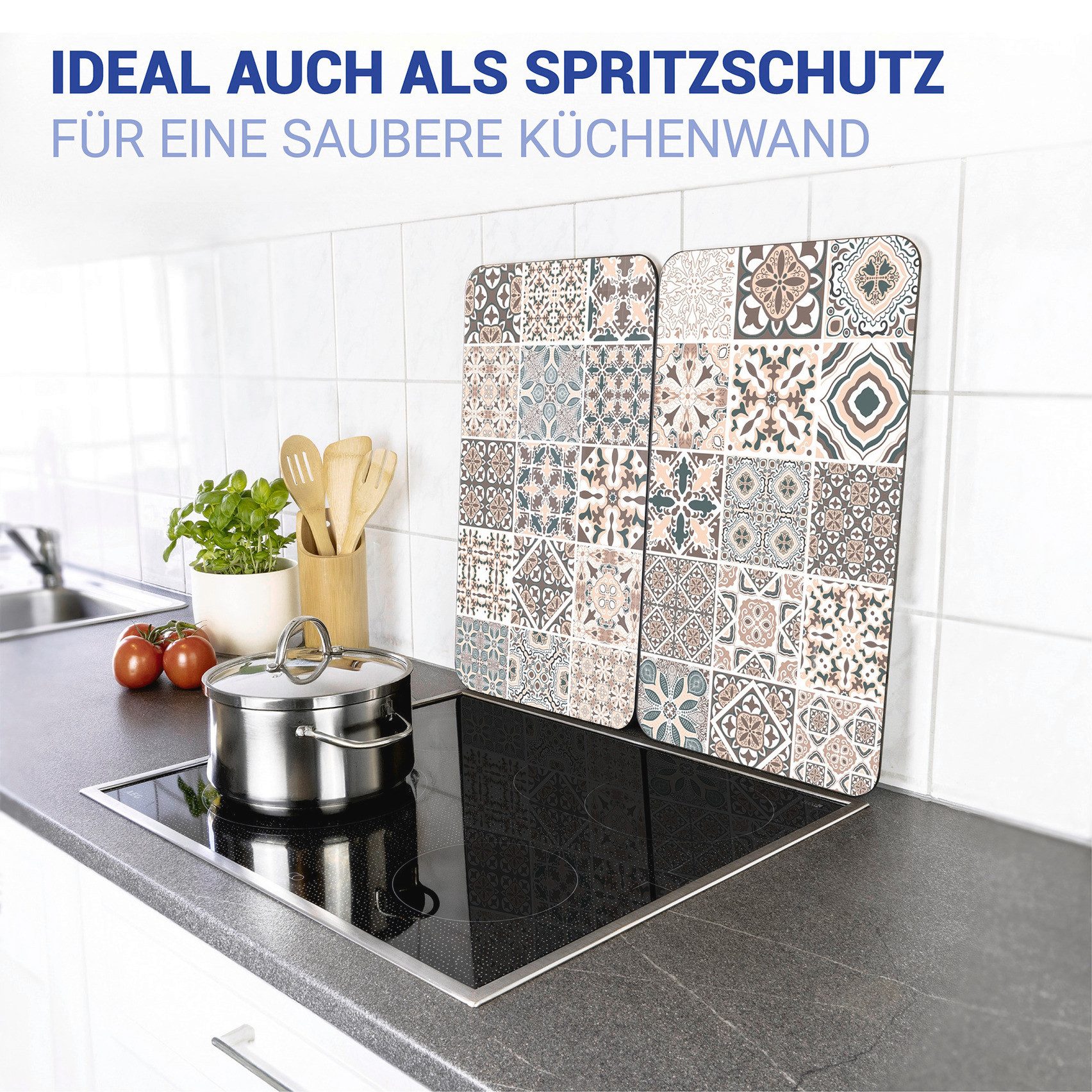 WENKO Herd-Abdeckplatte Universal Modell Kachel, Glas, Kunststoff, (2 tlg), Herdabdeckung für alle Herdarten, kratzfest, mit rutschfesten Füßen